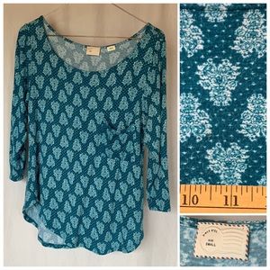 Anthro Postmark teal wallpaper asymmetrical top with front pocket on chest